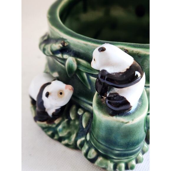 VINTAGE PLANTER-Pottery-Green Bamboo-Panda Bears-Plant Holder-Mid-Century Modern - Picture 9 of 14